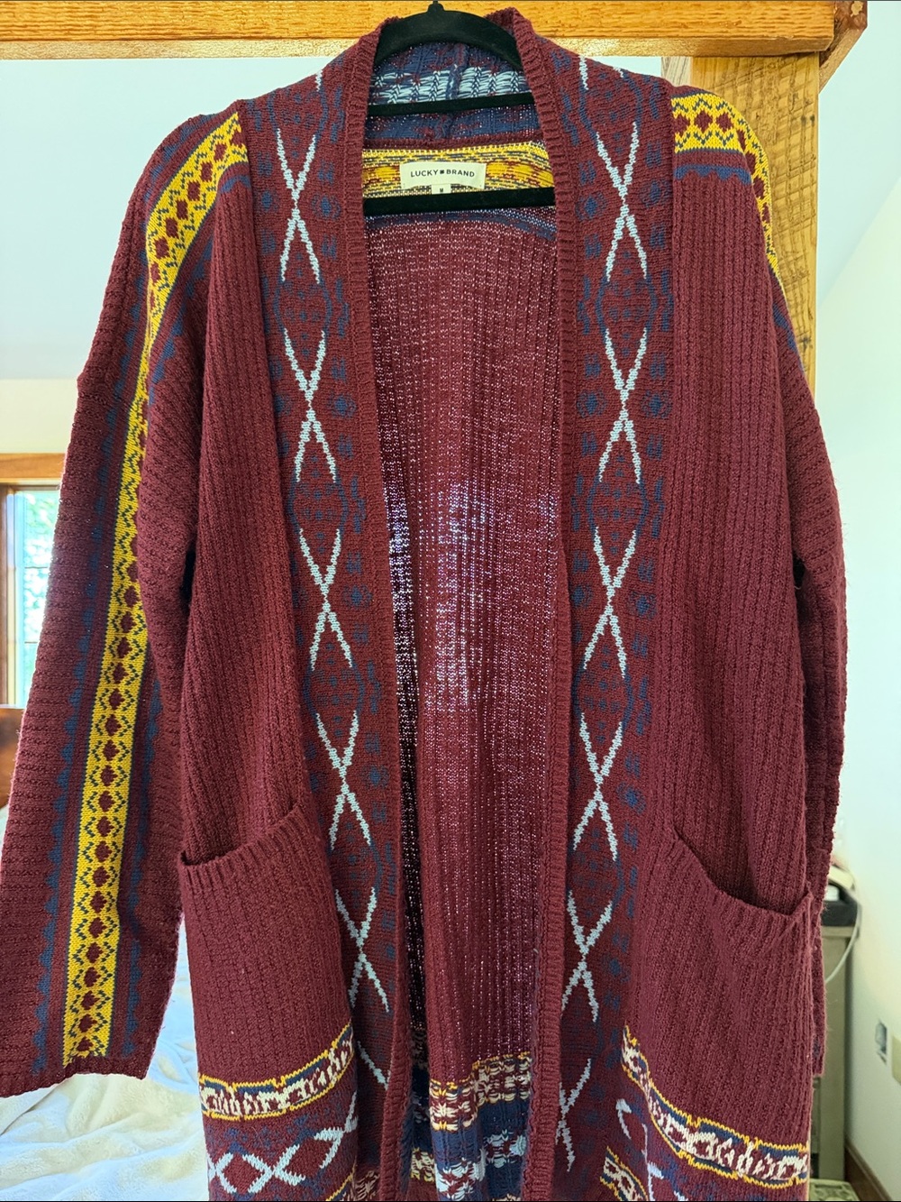 Lucky Brand Maroon Open-Front Knit Cardigan with Yellow & Blue Trim